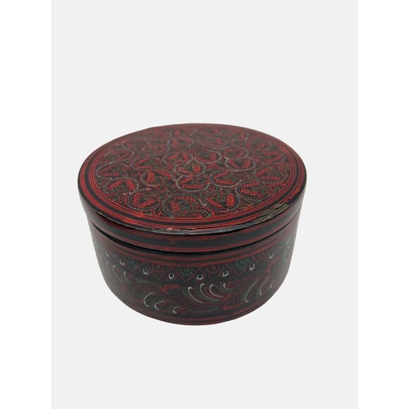 3 Handcrafted Round Lacquerware Nesting Storage Boxes Red & Black Patterns - Picture 4 of 7